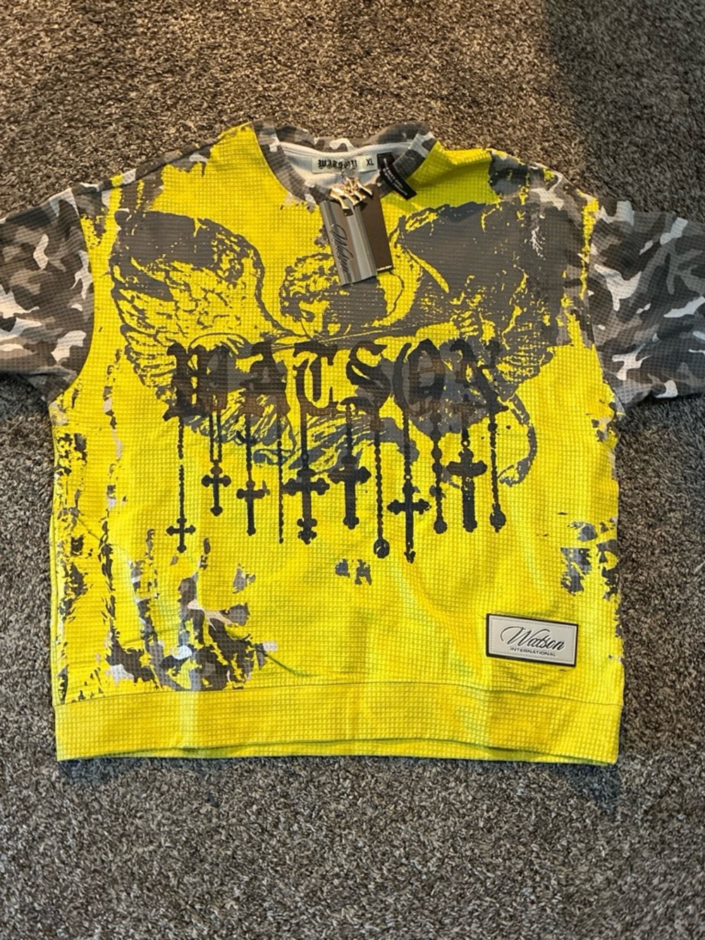 Neon Yellow Graphic Mesh Pullover with Camo Sleeves